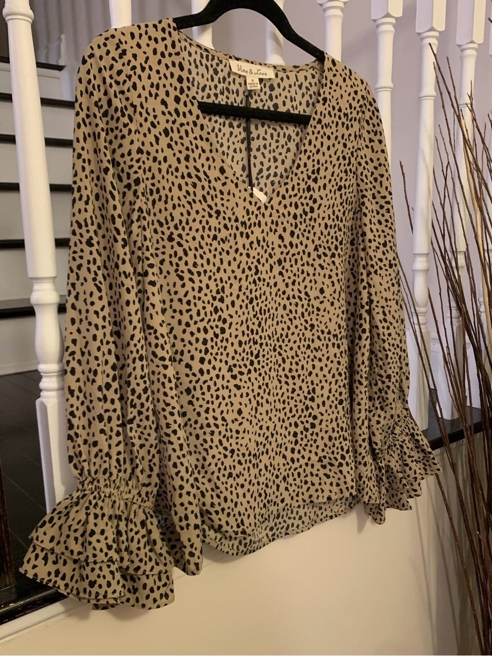 Vine & Love Tan and Black Leopard Print V-Neck Ruffle Sleeve Blouse